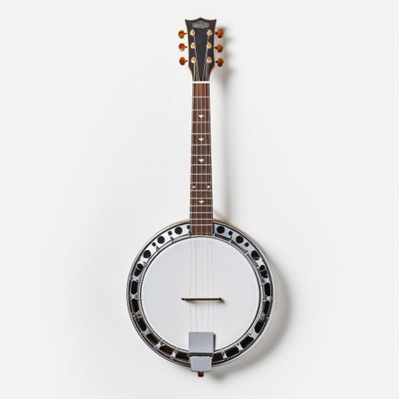 the banjo, a traditional stringed instrument with a rich cultural heritage, is beautifully showcased against a pristine white background, highlighting its intricate details and craftsmanship, perfect for music enthusiasts and fans of bluegrass, folk, and country music genres. ai generatedの素材