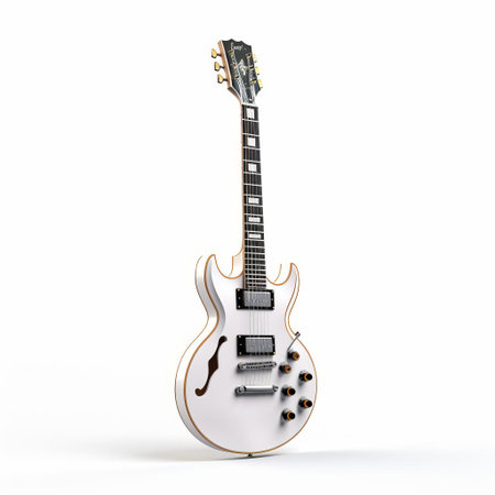 the electric guitar, a sleek and stylish instrument, stands out against a pristine white background, its curves and contours accentuated by the contrasting colors, showcasing its intricate details and craftsmanship, perfect for music enthusiasts and photography lovers alike. ai generatedの素材