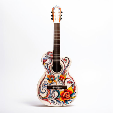 the guitarron, a traditional mexican stringed instrument, sits elegantly against a pristine white background, its rich brown wood grain and intricate carvings showcased in stunning detail, evoking the vibrant spirit of mariachi music and latin american cultural heritage. ai generatedの素材