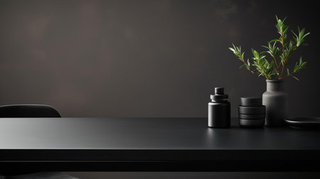 a sleek minimalist table takes center stage in this dramatic close-up shot, its matte black finish exuding sophistication and elegance, set against a subtle background that allows its clean lines and modern design to shine, perfect for fans of industrial chic and monochromatic interior design inspiration. ai generatedの素材
