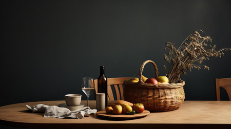 the minimalist table, adorned with a delicate lace tablecloth, takes center stage in this intimate setting, featuring a beautifully arranged hamper filled with an assortment of gourmet goodies, fresh fruits, and artisanal cheeses, evoking a sense of warmth and elegance, perfect for a cozy afternoon gathering or romantic dinner. ai generatedの素材