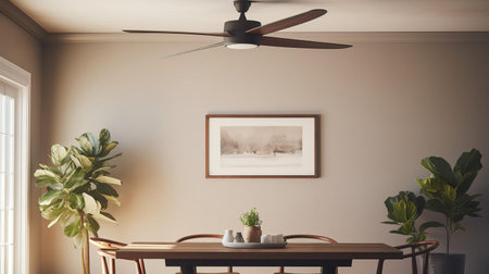 table, centered in a sleek modern room, stands out against a subtle background of creamy walls and dark wood flooring, its minimalist design accentuated by the gentle spin of a white ceiling fan above, adding a touch of simplicity and elegance to the overall ambiance. ai generatedの素材