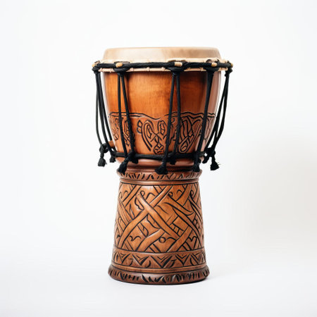 the djembe drum sits proudly on a pristine white background, its rich, dark wood grain and ornate carvings standing out in striking contrast, evoking the vibrant rhythms and cultural heritage of west african music and dance traditions, perfect for music enthusiasts and cultural explorers. ai generatedの素材