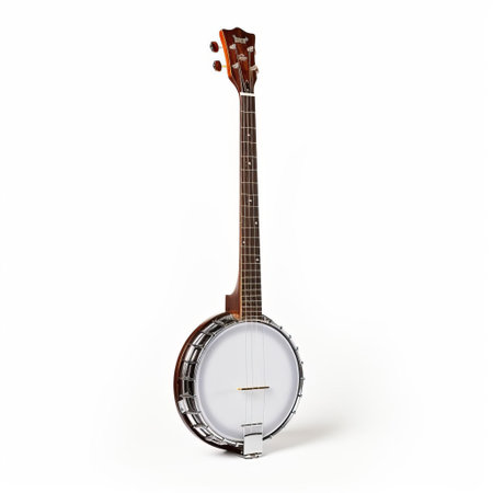 the banjo, a traditional stringed instrument, sits proudly against a crisp white background, showcasing its intricate details and craftsmanship, with its five strings stretched tightly across the fretboard, evoking a sense of rustic charm and american folk music heritage. ai generatedの素材