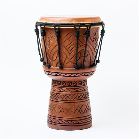 the djembe drum sits proudly on a pristine white background, its rich, dark wood grain and ornate carvings standing out in stark contrast, evoking the vibrant rhythms and cultural heritage of west african music, perfect for music enthusiasts and drumming aficionados alike. ai generatedの素材