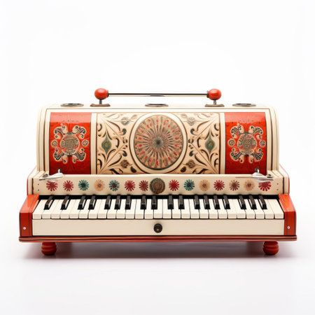the harmonium, a traditional indian musical instrument, sits elegantly against a pristine white background, its intricate keys and buttons showcasing its rich cultural heritage, evoking feelings of serenity and spiritual connection, perfect for music enthusiasts and cultural explorers alike. ai generatedの素材