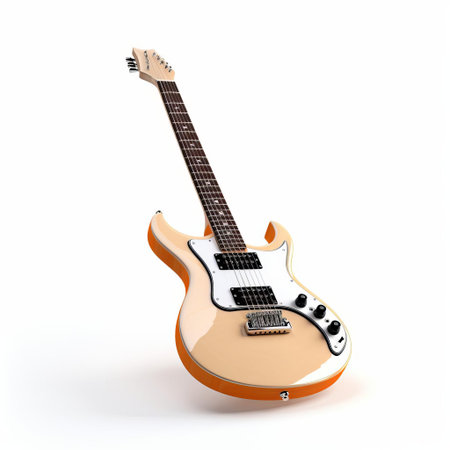 the electric guitar, a sleek and powerful instrument, stands out against a crisp white background, its curved body and intricate fretboard showcasing its craftsmanship, perfect for musicians and music enthusiasts alike, evoking feelings of rock, blues, and jazz music. ai generatedの素材