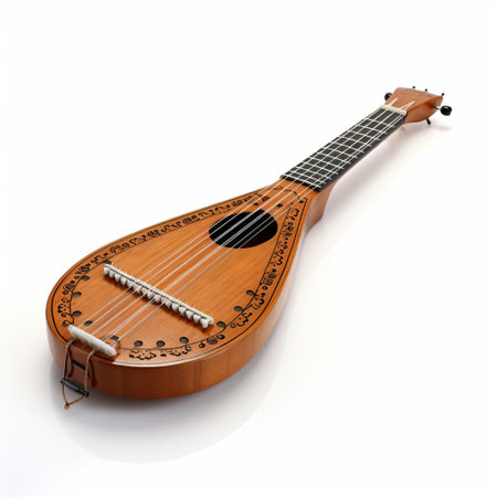 the dulcimer, a traditional stringed musical instrument, sits elegantly against a pristine white background, showcasing its intricate craftsmanship and delicate curves, evoking a sense of nostalgia and simplicity, perfect for music enthusiasts and fans of folk culture. ai generatedの素材