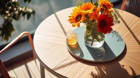the minimalist table takes center stage in this intimate close-up shot, its sleek surface adorned with a lazy susan, surrounded by subtle shadows and soft, natural light, evoking a sense of serenity and simplicity in modern dining and home decor, perfect for rustic, farmhouse, or scandinavian-inspired interiors. ai generatedの素材