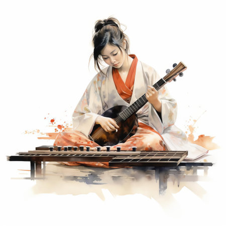 the koto, a traditional japanese stringed instrument, sits elegantly against a pristine white background, its intricate strings and ornate bridges showcased in stunning detail, evoking a sense of cultural heritage and musical sophistication. ai generatedの素材