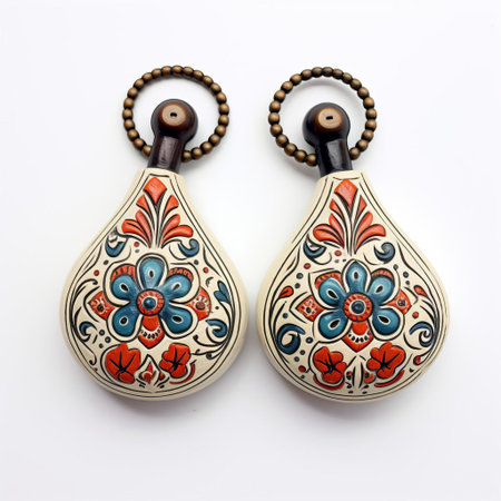 castanets, traditional spanish percussion instruments, lie elegantly on a pristine white background, showcasing their intricate details and craftsmanship, evoking the vibrant rhythms and passionate energy of flamenco music and dance, perfect for music lovers and cultural enthusiasts. ai generatedの素材