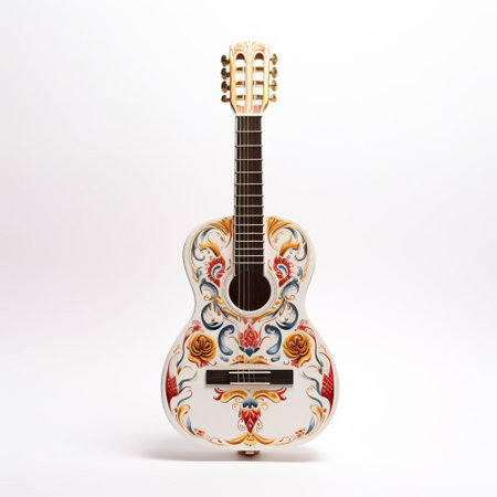 the guitarron, a traditional mexican stringed instrument, takes center stage against a crisp white background, showcasing its intricate details and beautiful craftsmanship, perfect for music enthusiasts and cultural aficionados alike, highlighting its role in mariachi and folk music. ai generatedの素材