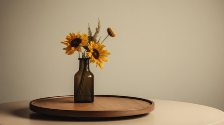 the minimalist table takes center stage in this intimate close-up shot, its sleek surface adorned with a lazy susan, surrounded by subtle shadows, evoking a sense of simplicity and elegance, perfect for modern dining rooms, kitchens, and homes that value clean lines and functional design. ai generatedの素材