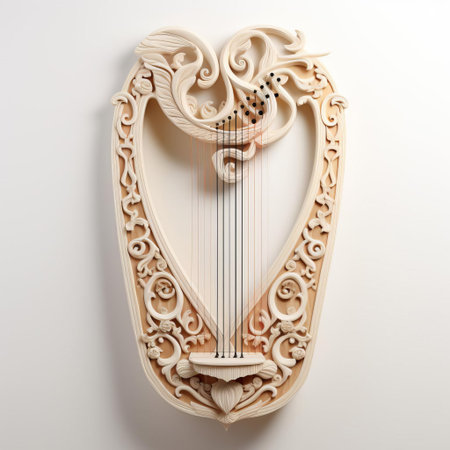 the lyre, an ancient greek stringed musical instrument, sits elegantly against a pristine white background, its intricate carvings and curved shape showcasing its beauty and historical significance in music and art, evoking a sense of classical culture and timeless sophistication. ai generatedの素材