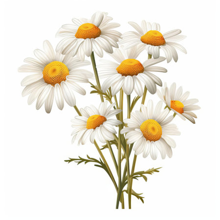 the chamomile flower is showcased in this high-quality, realistic photo, boasting great detail and vibrant colors, isolated on a clean white background, perfect for herbalism, aromatherapy, and relaxation-themed designs, highlighting the calming beauty of this popular medicinal herb. ai generatedの素材