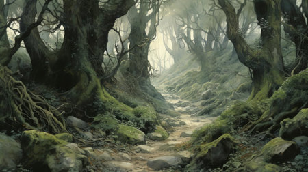 the woodland, as depicted by renowned artist alan lee, is a mystical realm of ancient trees, their gnarled branches twisted with age, surrounded by a tapestry of emerald green foliage, with dappled sunlight filtering through the canopy, evoking a sense of enchantment and wonder in this intimate, close-up view. ai generatedの素材
