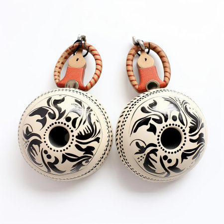 castanets, traditional spanish percussion instruments, lie elegantly on a pristine white background, showcasing their intricate details and craftsmanship, evoking the vibrant rhythms and passionate energy of flamenco music and dance performances. ai generatedの素材