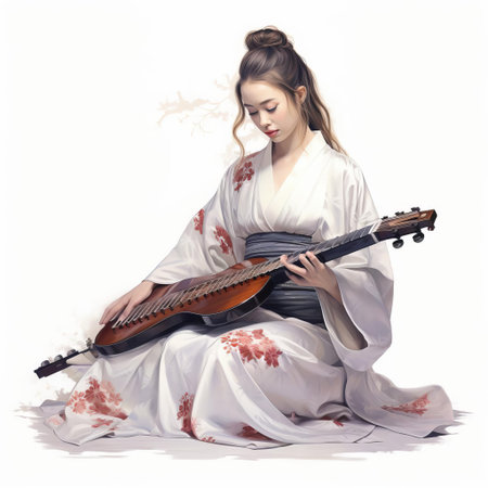 the koto, a traditional japanese stringed instrument, sits elegantly against a pristine white background, its intricate wooden body and delicate strings showcased in stunning detail, evoking a sense of serenity and cultural heritage in this beautiful still life photography. ai generatedの素材