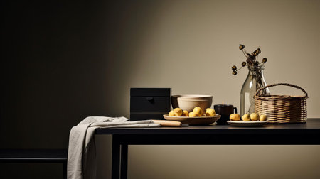 the minimalist table, adorned with a carefully curated selection of gourmet goodies, takes center stage in this intimate close-up shot, showcasing an artfully arranged hamper filled with an assortment of artisanal cheeses, fresh fruits, and crusty bread, perfect for a cozy afternoon gathering or romantic picnic. ai generatedの素材