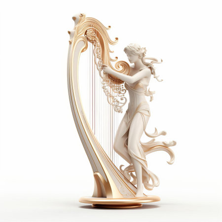 the lyre, an ancient stringed musical instrument, stands elegantly against a pristine white background, its intricate carvings and curved shape evoking a sense of classic sophistication and refinement, perfect for music lovers and history enthusiasts alike, showcasing its beauty in a minimalist setting. ai generatedの素材