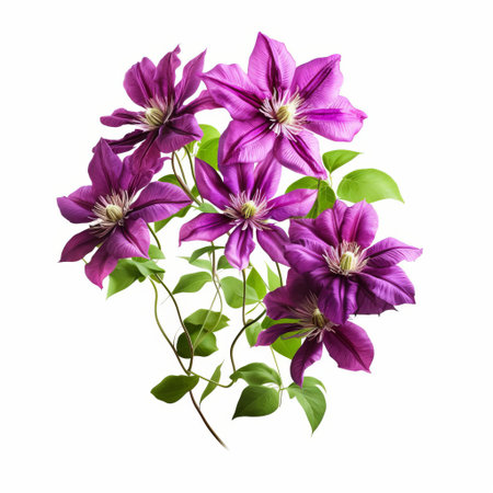 the clematis flower blooms with delicate, velvety petals and vibrant colors, showcasing its intricate details in this high-quality, realistic photograph isolated on a clean white background, perfect for nature enthusiasts, botanical artists, and gardening inspiration. ai generatedの素材