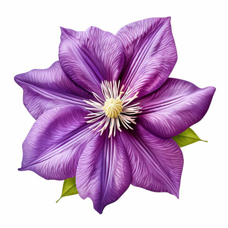 the clematis flower blooms with delicate, velvety petals in a vibrant purple hue, showcasing its intricate details and textures in this high-quality, realistic photo, isolated on a clean white background, perfect for botanical and floral enthusiasts. ai generatedの素材