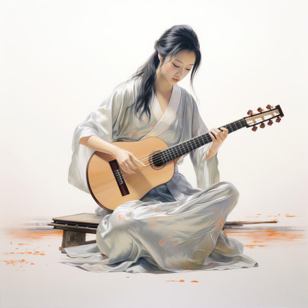 the koto, a traditional japanese stringed instrument, sits elegantly against a pristine white background, its intricate strings and ornate bridges showcasing its rich cultural heritage, evoking a sense of serenity and refinement, perfect for music enthusiasts and cultural aficionados. ai generatedの素材