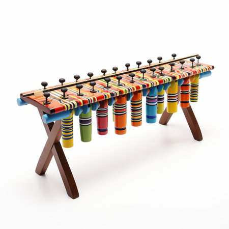 the marimba, a musical instrument with a rich cultural heritage, is beautifully showcased against a clean white background, highlighting its intricate keys and resonating tubes, evoking a sense of rhythmic harmony and creative expression, perfect for music lovers and enthusiasts of percussion instruments. ai generatedの素材