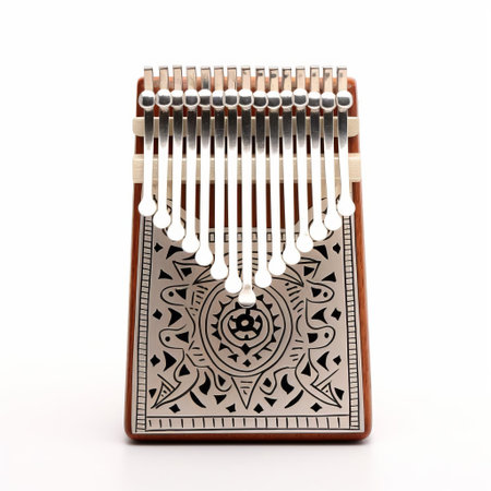 the kalimba, a traditional african musical instrument, sits elegantly on a pristine white background, showcasing its intricately carved keys and resonating chamber, evoking a sense of cultural heritage and melodic beauty, perfect for music enthusiasts and cultural explorers alike. ai generatedの素材