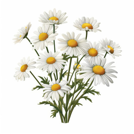 the chamomile flower, with its delicate white petals and yellow center, is showcased in stunning high-resolution detail, isolated on a crisp white background, highlighting its natural beauty and calming essence, perfect for herbalism, aromatherapy, and relaxation-themed designs. ai generatedの素材