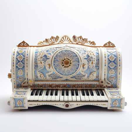 the harmonium, a traditional indian musical instrument, sits elegantly against a pristine white background, showcasing its intricate wooden carvings and brass reeds, evoking a sense of cultural heritage and spiritual connection, perfect for music enthusiasts and fans of indian classical music. ai generatedの素材