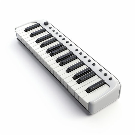 the melodica, a portable and versatile musical instrument, sits elegantly against a pristine white background, its shiny metal body and black buttons contrasting beautifully, evoking a sense of creativity and inspiration for musicians and music enthusiasts alike, perfect for jazz, folk, or pop performances. ai generatedの素材