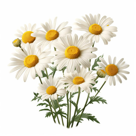 the chamomile flower is showcased in stunning high-resolution detail, its delicate white petals and yellow center perfectly captured against a clean white background, highlighting its natural beauty and calming essence, perfect for herbalism, aromatherapy, and relaxation themes. ai generatedの素材