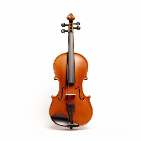the violin, also known as a fiddle, stands out against a pristine white background, its intricate details and curves beautifully showcased, highlighting the instrument's elegance and sophistication, perfect for music enthusiasts and photographers alike. ai generatedの素材