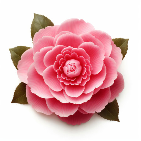 the camellia flower is showcased in this stunning, high-quality photograph, boasting intricate details and vibrant colors, isolated against a crisp white background, highlighting its delicate petals and velvety texture, perfect for nature enthusiasts, botanical studies, and floral arrangements. ai generatedの素材
