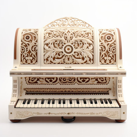 the harmonium, a traditional indian musical instrument, sits elegantly against a pristine white background, its intricate brass keys and wooden body gleaming with a subtle sheen, evoking a sense of cultural heritage and melodic beauty, perfect for music enthusiasts and cultural aficionados alike. ai generatedの素材