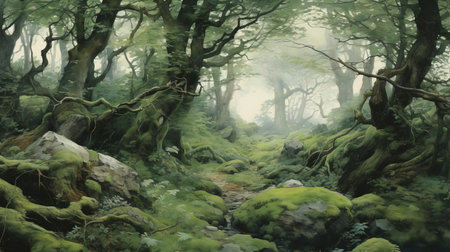the woodland, as depicted by renowned artist alan lee, is a mystical realm of ancient trees, their gnarled branches twisted with age, surrounded by a tapestry of emerald foliage, with dappled sunlight filtering through the canopy, evoking a sense of serenity and wonder in this enchanting close-up view. ai generatedの素材