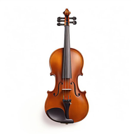 the violin, also known as a fiddle, sits elegantly against a pristine white background, showcasing its intricate details and craftsmanship, with the subtle curves of its body and neck highlighting its beauty, perfect for music enthusiasts and photography lovers alike. ai generatedの素材