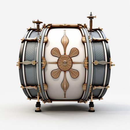 the bass drum, a large and powerful percussion instrument, sits proudly against a clean white background, its polished surface reflecting light, showcasing its intricate details and sturdy build, perfect for orchestral performances and classical music ensembles. ai generatedの素材