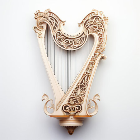 the lyre, an ancient stringed musical instrument, sits elegantly against a pristine white background, its intricate carvings and curved shape showcasing its beauty and historical significance in music and art, evoking a sense of classical greek culture and harmony. ai generatedの素材