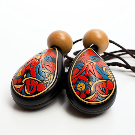 castanets, traditional spanish percussion instruments, lie elegantly on a pristine white background, showcasing their intricate details and craftsmanship, evoking the vibrant rhythms and passionate energy of flamenco music and dance performances. ai generatedの素材
