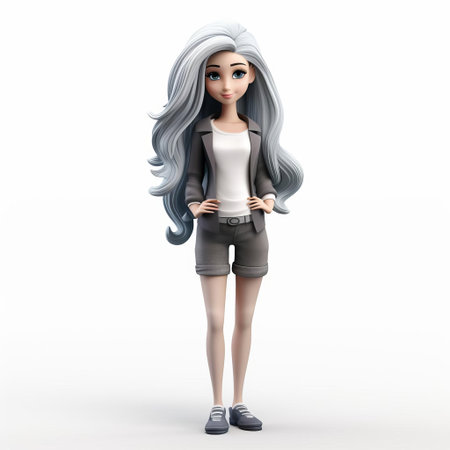 the cartoon woman stands confidently against a pristine white background, showcasing her vibrant ombre hair hairstyle that gradates from rich brown to platinum blonde, accentuating her bright facial features and stylish full-body attire, perfect for digital art and graphic design projects. ai generatedの素材