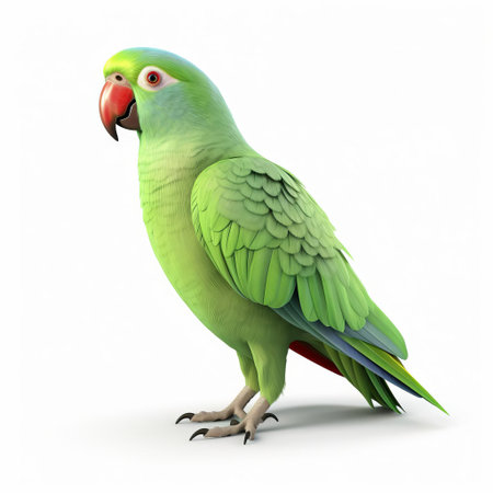 the vibrant alexandrine parrot, also known as the alexandrian parakeet, perches proudly on a pristine white background, showcasing its stunning plumage and vibrant green feathers, with a distinctive black neck collar and yellow underside, making it a popular choice for bird enthusiasts and 3d model collectors alike. ai generatedの素材