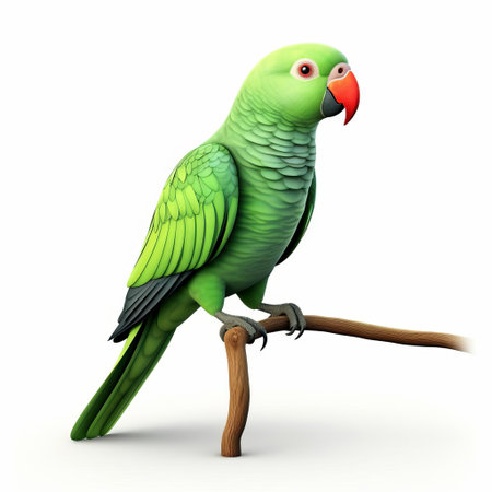 the vibrant alexandrine parrot, also known as the alexandrian parakeet, is showcased in stunning 3d detail, isolated on a crisp white background, highlighting its full body plumage, bright green feathers, and distinctive yellow and blue markings, making it a popular choice for bird enthusiasts and graphic designers alike. ai generatedの素材