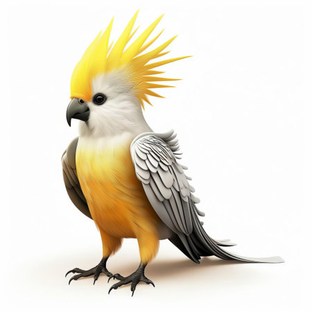 the cockatiel, a popular pet bird species, is beautifully captured in this high-quality 3d image, showcasing its vibrant plumage and distinctive crest, isolated on a clean white background, providing a stunning full-body view of its slender shape and striking features. ai generatedの素材