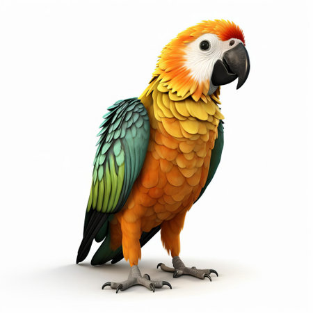 the vibrant 3d caique parrot, with its stunning plumage and playful demeanor, takes center stage on a crisp white background, showcasing its full body in all its glory, highlighting its bright colors and intricate feather details, perfect for bird enthusiasts and nature lovers alike. ai generatedの素材