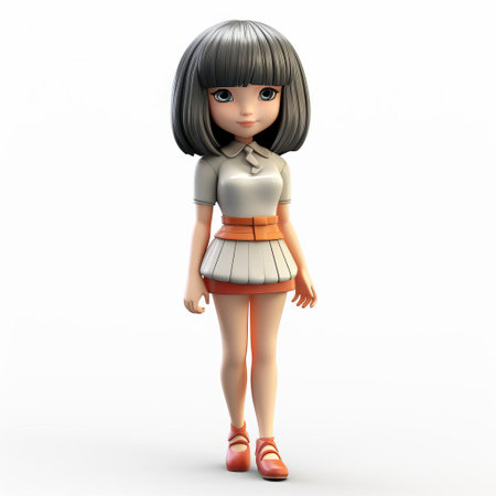 the cartoon woman stands confidently against a pristine white background, showcasing her vibrant personality through her stylish bob with bangs hairstyle, complete with a chic fringe framing her bright facial features, exuding a sense of modern femininity and playful charm in this high-quality 3d illustration. ai generatedの素材