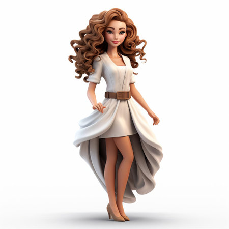 the 3d cartoon female model stands confidently against a pristine white background, showcasing her stunning polished curls hairstyle that cascades down her back, accentuating her vibrant facial features and slender physique, perfect for illustrations, animations, and digital art projects. ai generatedの素材