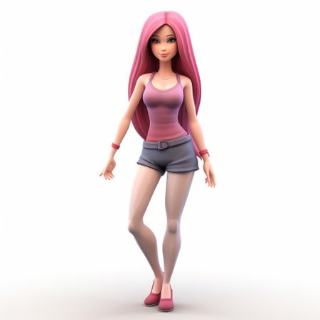 the cartoon woman stands confidently against a pristine white background, showcasing her slender physique and vibrant personality, her long and straight hairstyle cascading down her back like a golden waterfall, perfect for illustrations, animations, and digital art projects requiring a feminine touch. ai generatedの素材