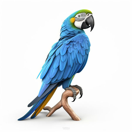 the blue bonnet parrot, a vibrant and playful australian native bird species, is showcased in stunning 3d detail, isolated on a crisp white background, highlighting its bright blue and yellow plumage, strong beak, and lively personality, perfect for nature enthusiasts and bird lovers alike. ai generatedの素材